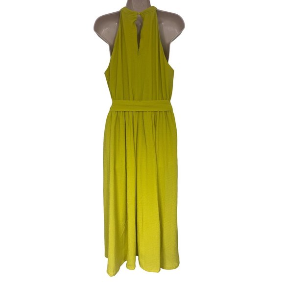 Size 14 MUSTARD CREPE HALTER MIDI DRESS W/TIE Spring Summer Wedding Party Church - Picture 3 of 4